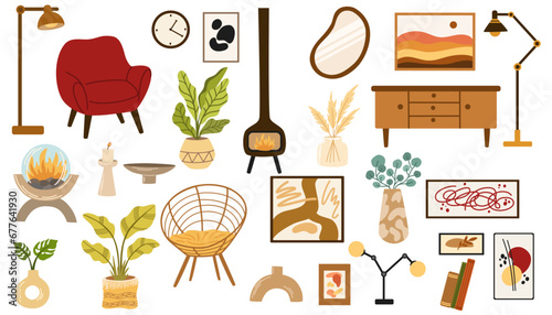 Home decor set for Scandinavian interior design. Fireplace, armchairs, camode, lamps, house plants, candles, shelves, vases for cozy trendy room decoration. Flat vector illustrations