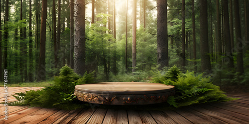 The 3D background products feature a natural wood geometric platform in the forest. mockup