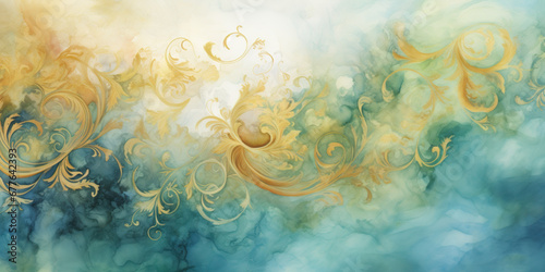 Watercolor background with brocade swirls, muted colors, yellows, blues and greens photo