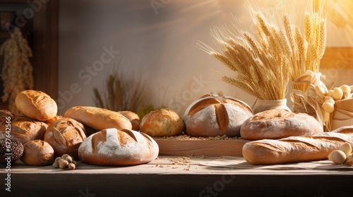 Fresh fragrant breads on wooden table. Variety of baked products at a bakery. Bakery food concept.