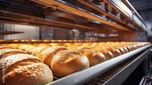 Fresh fragrant breads on an automated conveyor belt at bakery kitchen.