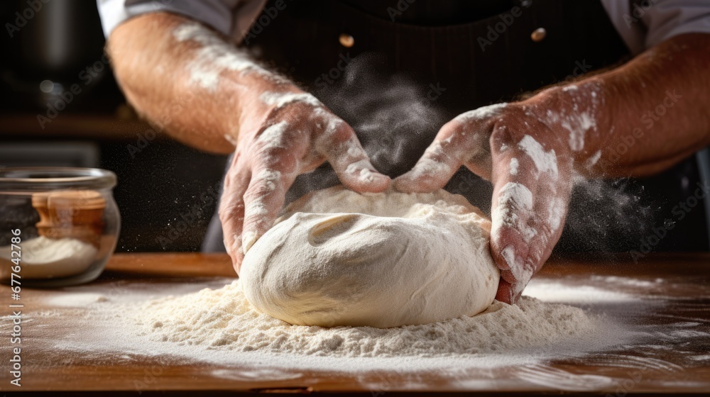 Close up of baker hands clapping and sprinkling white flour to preparing dough in bakery kitchen.