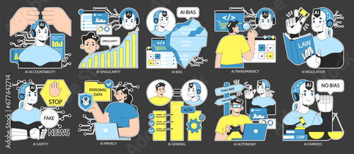 AI ethics dark or night mode set. Artificial intelligence alignment and regulation. Accountability, singularity and autonomy, bias types, transparency, safety and privacy. Flat vector illustration.
