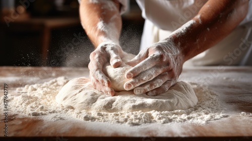Close up of baker hands clapping and sprinkling white flour to preparing dough in bakery kitchen. photo