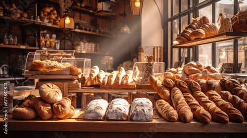 Variety of baked products at a bakery. Interior of bakery shop.