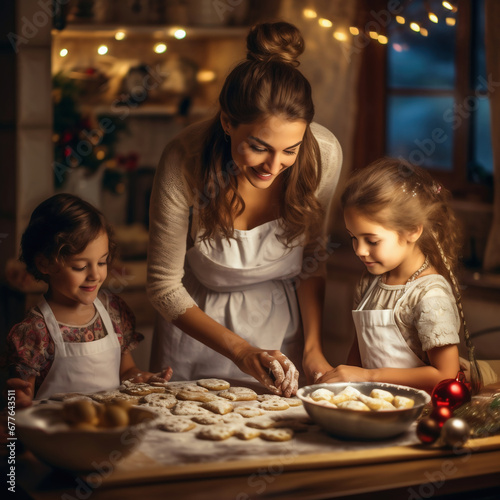 Beautiful young mother and her little daughters decorating gingerbread cookies for Christmas.