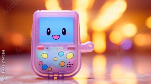 A purple toy phone with a cute face sitting on top of the table, AI photo