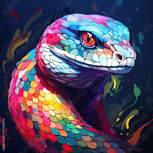 colorful vector illustration of a snake head on a background of colored spots.  photo