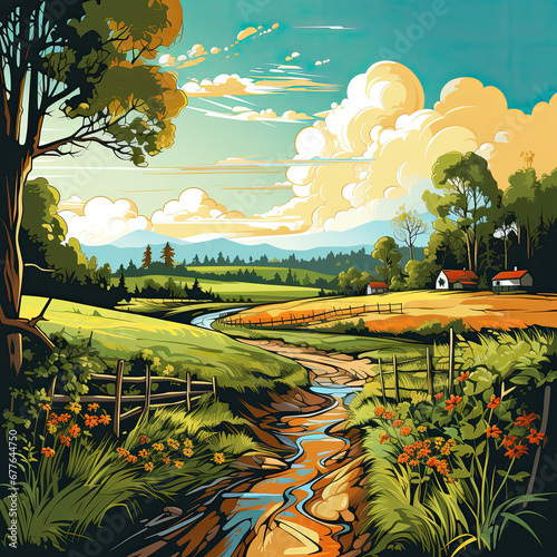 Autumn rural landscape with country road and village. Vector illustration. Beautiful landscape with a river and a farm. Vector illustration.