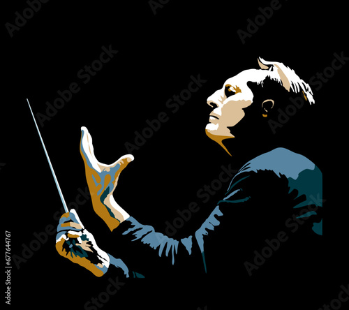  Orchestra master. Colorful vector illustration on black background