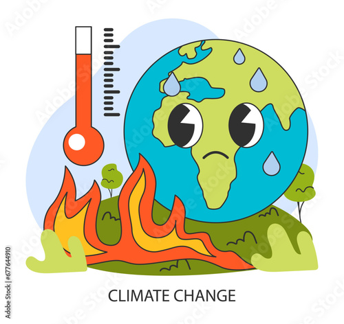 Climate change. Distressed Earth cartoon character with rising flames. Rising temperature. Urgency of global warming, abnormal weather. Flat vector illustration.