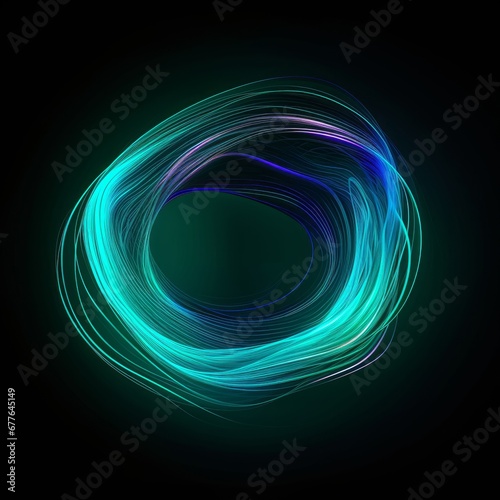 Abstract 3D sphere flowing light lines wave blue green gradient isolated on black background. in concept of AI technology, science, music, Generative AI