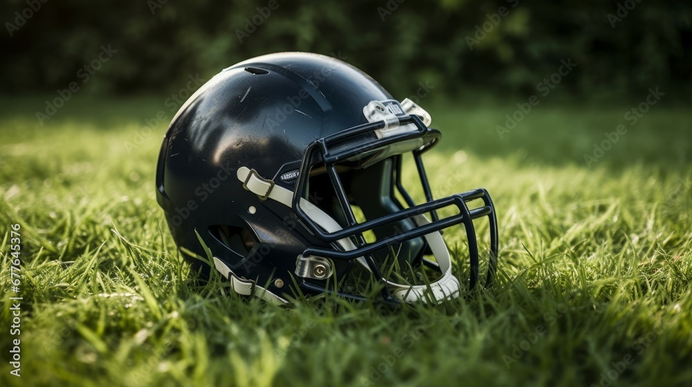 American football helmet on green grass AI generated illustration American football helmet on green grass AI generated illustration