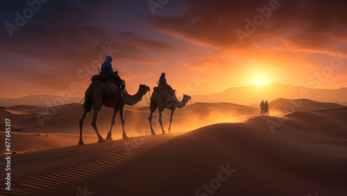 Camel caravans strolling around in the late afternoon, feeling the heat of the desert. © 대연 김