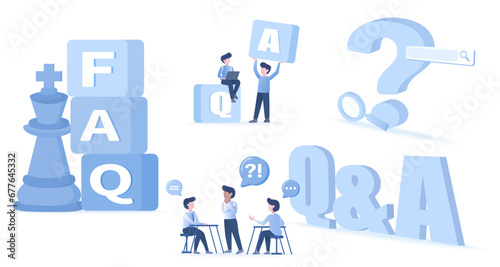 Frequently asked questions (FAQ) QA characters set. Confused, search, talking, meeting, ask question, answer, survey, help and support business development. Flat vector design illustration.
