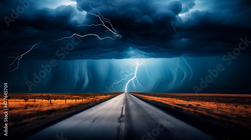 The asphalt road goes into the horizon. Direct road in a thunderstorm, evening or night. Thunderstorm, black sky and lightning, rain