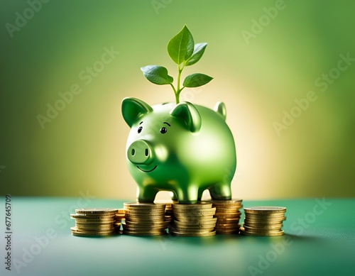 investissement Responsable : Cochon vert avec plante et pièces photo