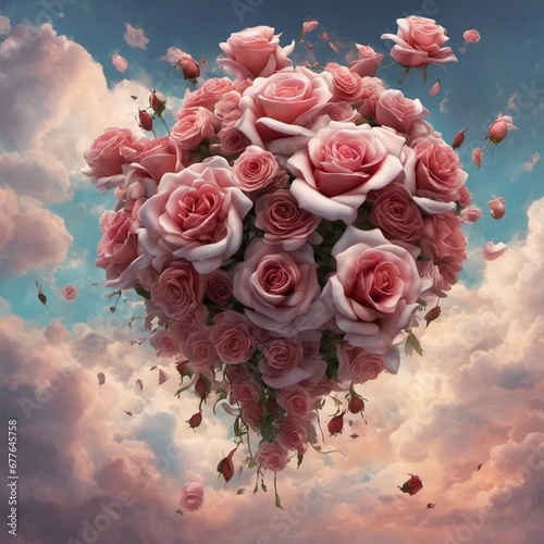 a floating bouquet of roses in the clouds, romantic, glorious, beautiful, detaoled, high resolution photo