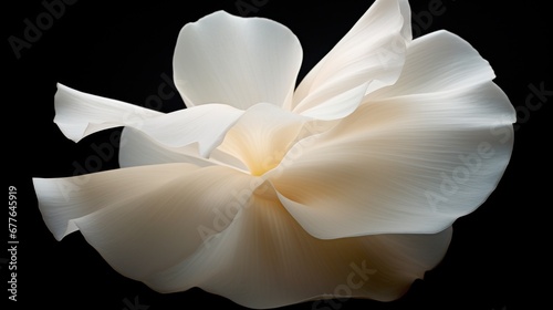A white flower is shown on a black background, AI