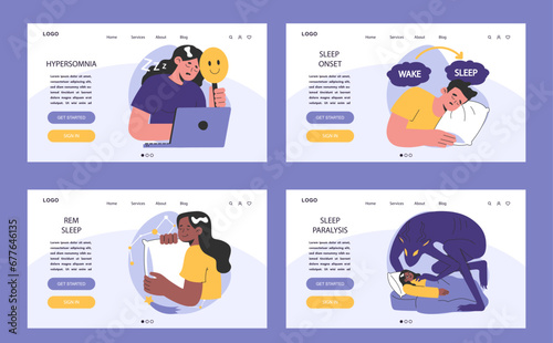 Insomnia web or landing set. Diverse characters suffering from sleep deprivation. Sleep and mental disorder. Sleep hygiene and stages. Circadian rhythm maintaining. Flat vector illustration.