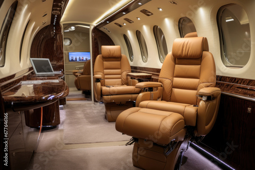 Salon in business jet made of luxurious genuine leather in elegance brown colors. Close up