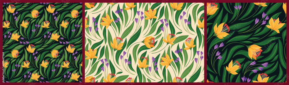 Seamless floral pattern, abstract ditsy print with wild plants in the collection. Vintage botanical design: hand drawn yellow flowers, green leaves, wild meadow. Vector illustration.