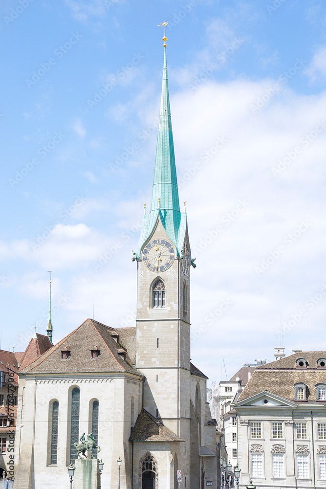 View of the historic city center with famous Fraumünster Church, Switzerland.