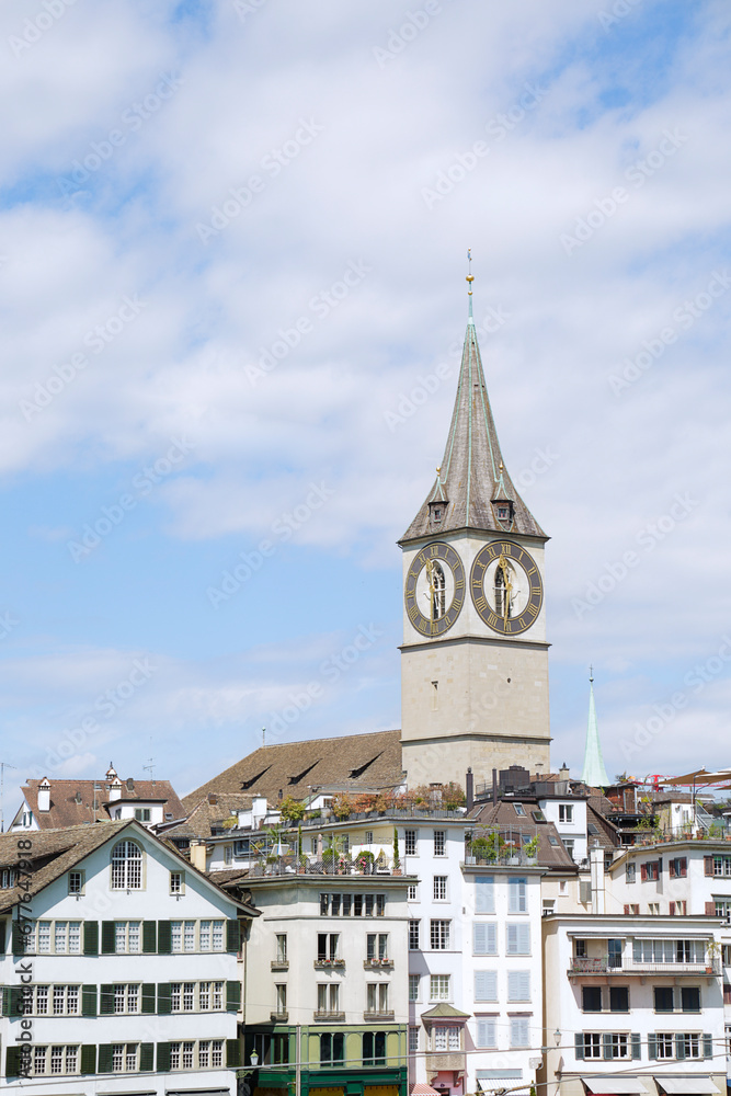 View of the historic city center with famous Saint Peter. Zurich, Switzerland.