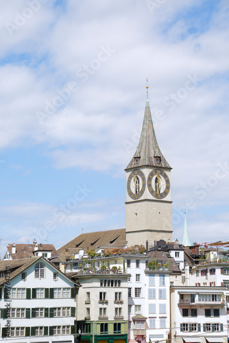 View of the historic city center with famous Saint Peter. Zurich, Switzerland.