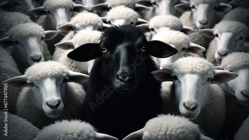 Black sheep among the white. Concept of being different, standing out from the crowd, being yourself. Generative AI © AIExplosion