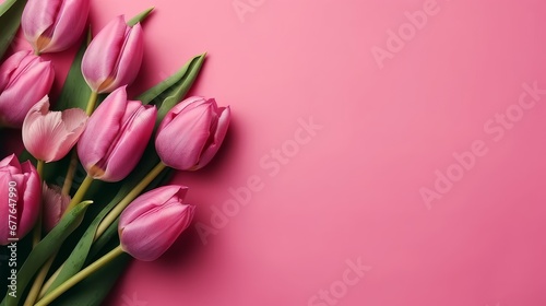 Spring tulip flowers on pink background top view in AI generated illustration