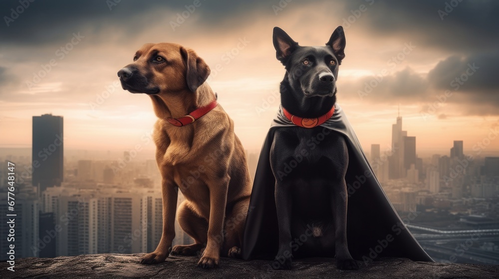 Superpet Cat and Dog as superheroes with cape on city AI generated illustration