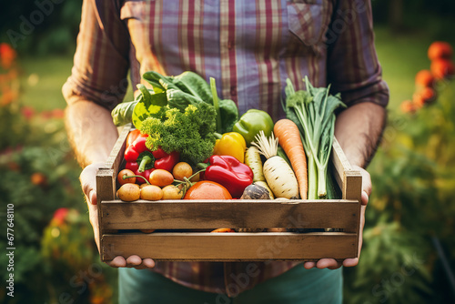 Farmer man hands with wooden box with fresh farm vegetables © Slepitssskaya