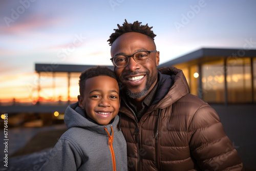 Portrait of black father and son hugging in front of their house.
