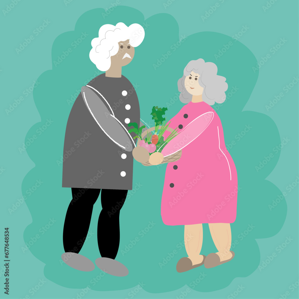 a couple of pensioners: a man and a woman extend their hands to each other and hold a basket with crops. vector graphics a couple of pensioners: a man and a woman extend their hands to each other and hold a basket with crops. vector graphics