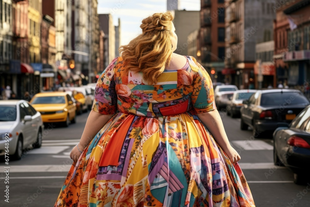 Plus size woman wearing a brightly patterned retro dress looks confidently at the city street in front of her, a view from behind. Woman walking in the city