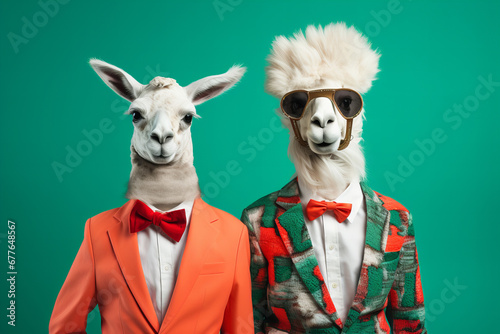 two llamas with human bodies in Christmas colors clothes on a green background for Christmas