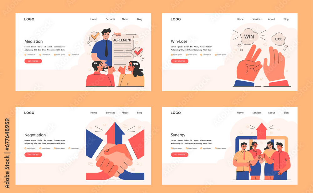 Win-win web or landing set. Professionals, employees navigate challenges, finding mutual success. Compromise, synergy and collaboration in negotiation process. Flat vector illustration.