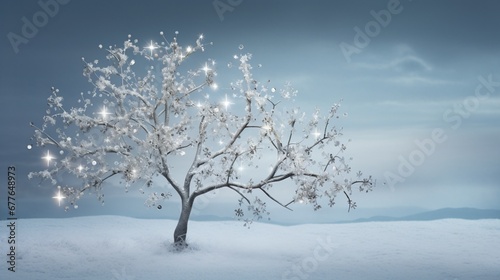 A beautiful symphony of Christmas snowflakes decorating a barren tree branch, creating a serene winter landscape.