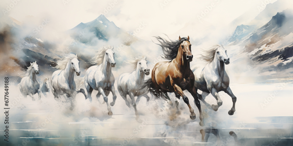 Fototapeta premium A group of galloping white and brown wild stallions, watercolor illustration.