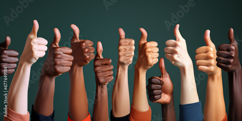 Diverse hands with thumbs up, a universal gesture of approval, same feelings, same goals in a diverse world photo