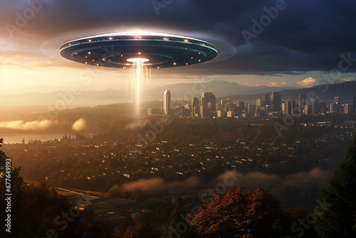 UFO flying over the city. Futuristic concept. 3D rendering © Maria