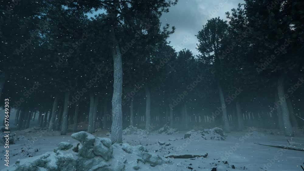 a dark, eerie pine forest in the winter time, with mist, snow falling ...