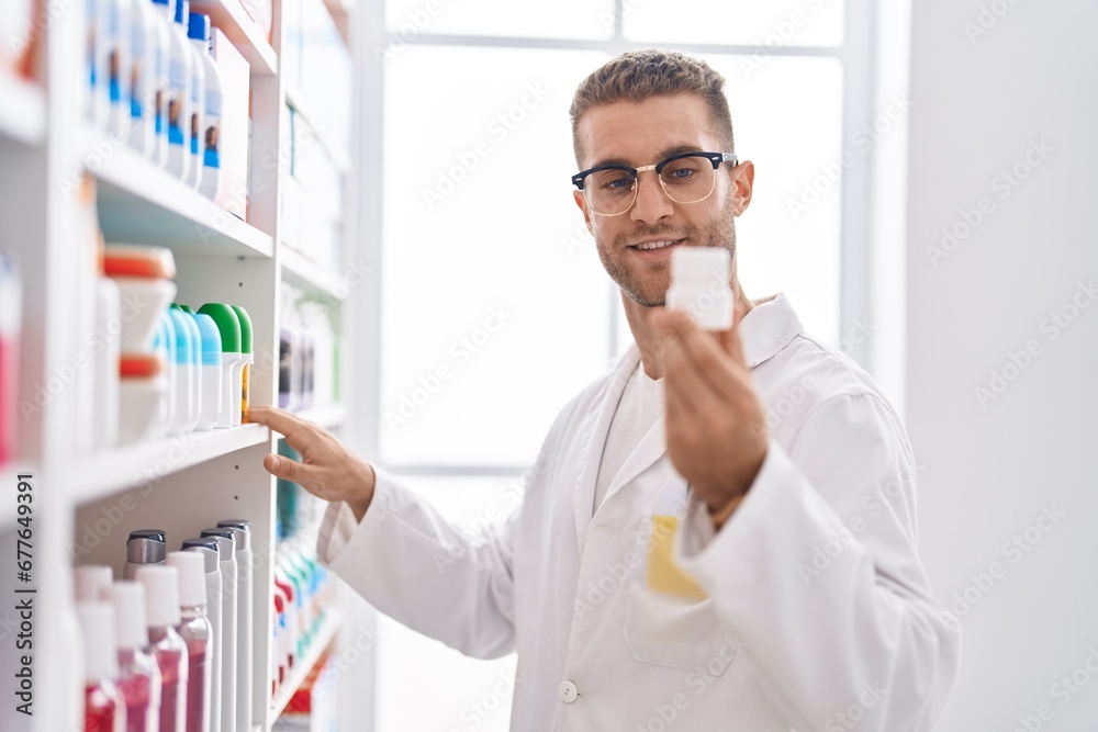 Young caucasian man pharmacist smiling confident holding pills bottle at pharmacy