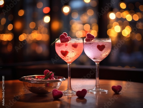 Valentine's Day-themed cocktails shimmering in the warm candlelight of an intimate restaurant during a romantic dinner photo