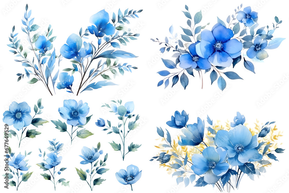 Blue Flowers watercolor illustration set isolated on white background
