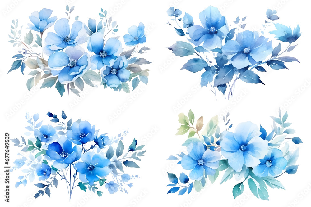 Fototapeta premium Blue Flowers watercolor illustration set isolated on white background