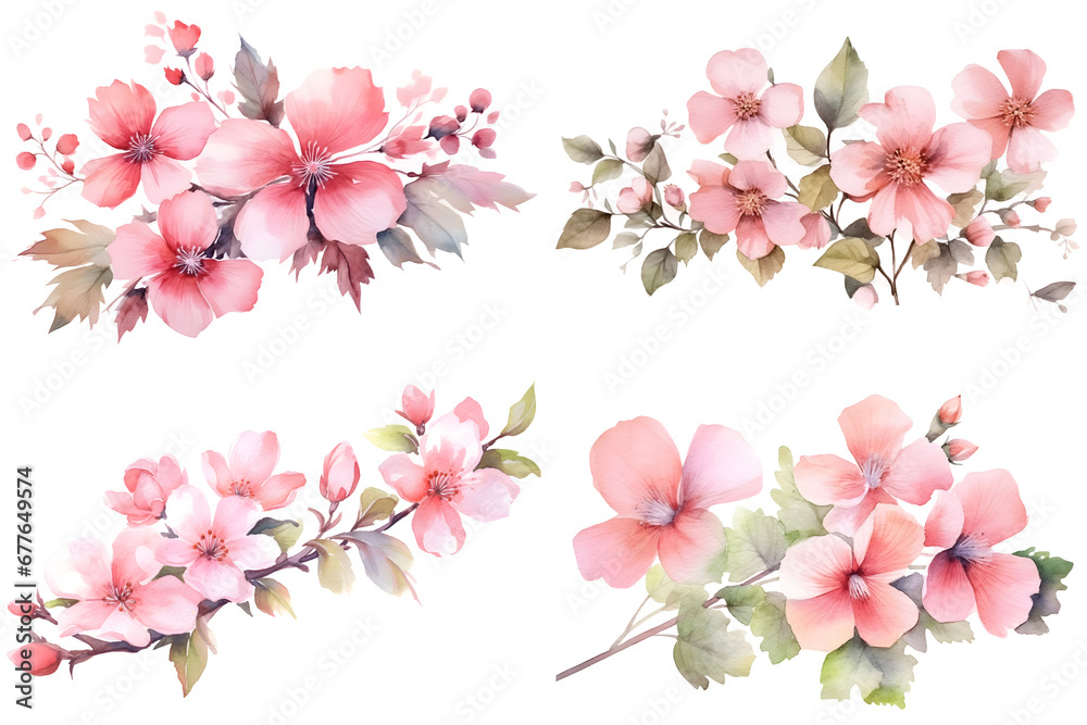 Pink Flowers watercolor illustration set isolated on white background