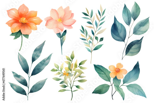 Flowers watercolor illustration set isolated on white background