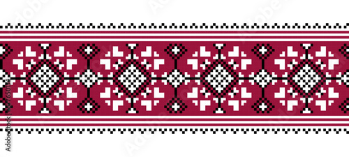 Ukrainian ornament for textile, fabric, cloth. Vector seamless pattern, print. Ukrainian folk, ethnic ornament. Pixel art vyshyvanka, cross stitch